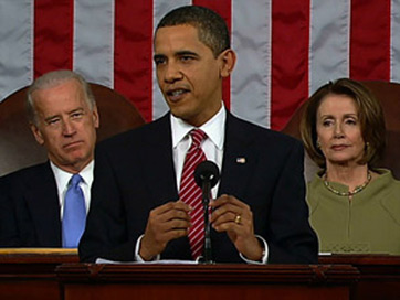 President Obama delivers the state of the union address with Joe Biden and Nancy Pelosi